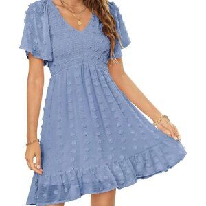ZATTCUS Smocked Babydoll Dress Womens M Ruffle Blue Swiss Dot Fairy Cottagecore